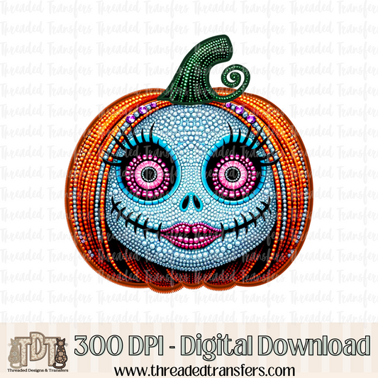 Nightmare Girl Pumpkin Faux Rhinestone & Faux Embroidery Digital Design Download (PNG Format - no product shipped)