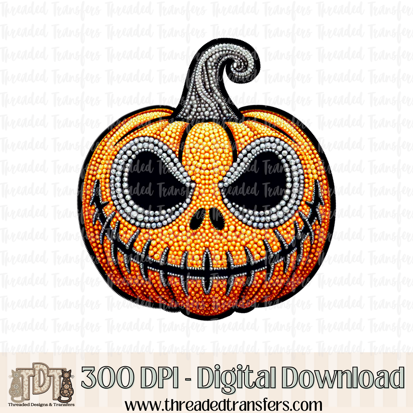 Nightmare Pumpkin Faux Rhinestone & Faux Embroidery Digital Design Download (PNG Format - no product shipped)