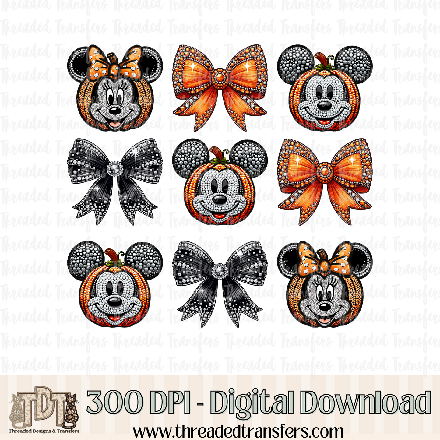 Pumpkin Mice with Bows Faux Rhinestone & Faux Embroidery Digital Design Download (PNG Format - no product shipped)