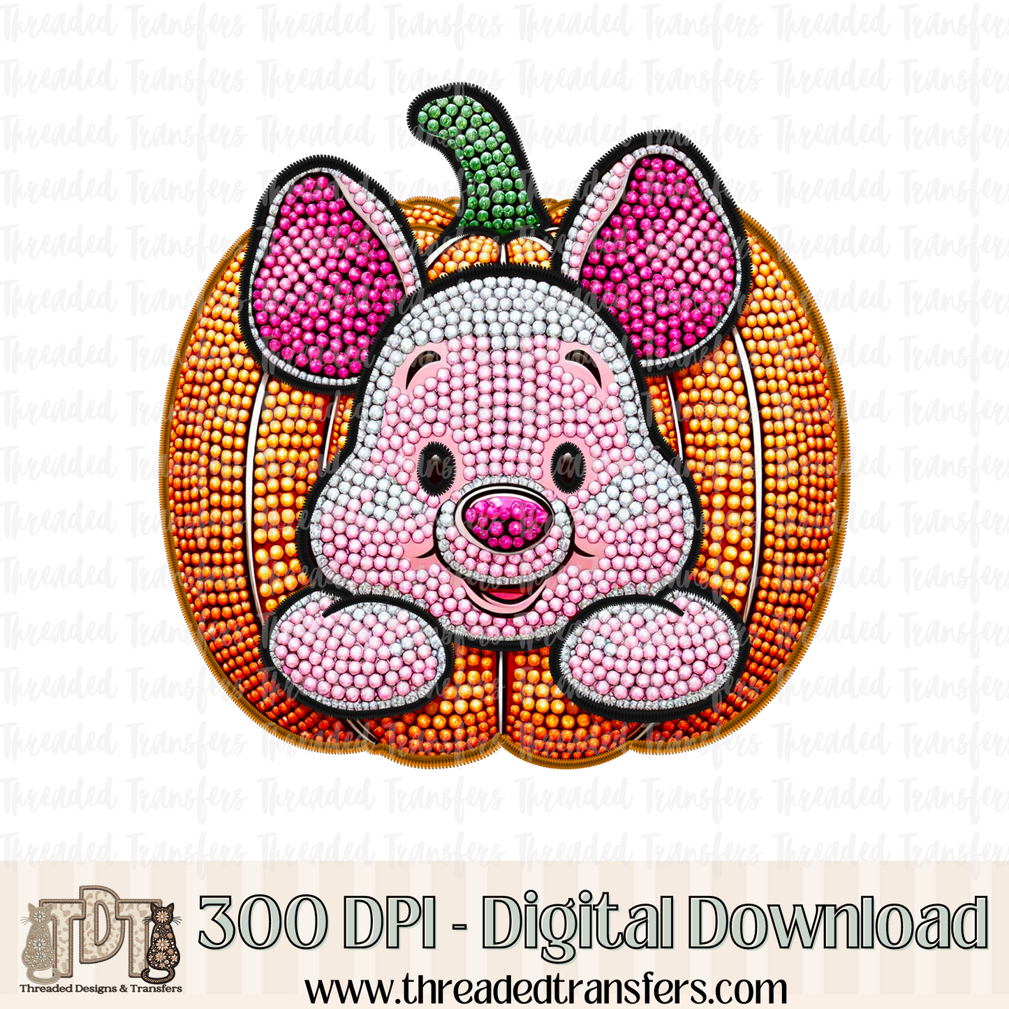 Pumpkin Pig Faux Rhinestone & Faux Embroidery Digital Design Download (PNG Format - no product shipped)