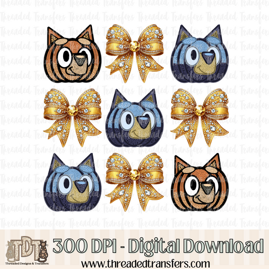 B Dog and Friend Pumpkins with Bows Faux Rhinestone & Faux Embroidery Digital Design Download (PNG Format - no product shipped)