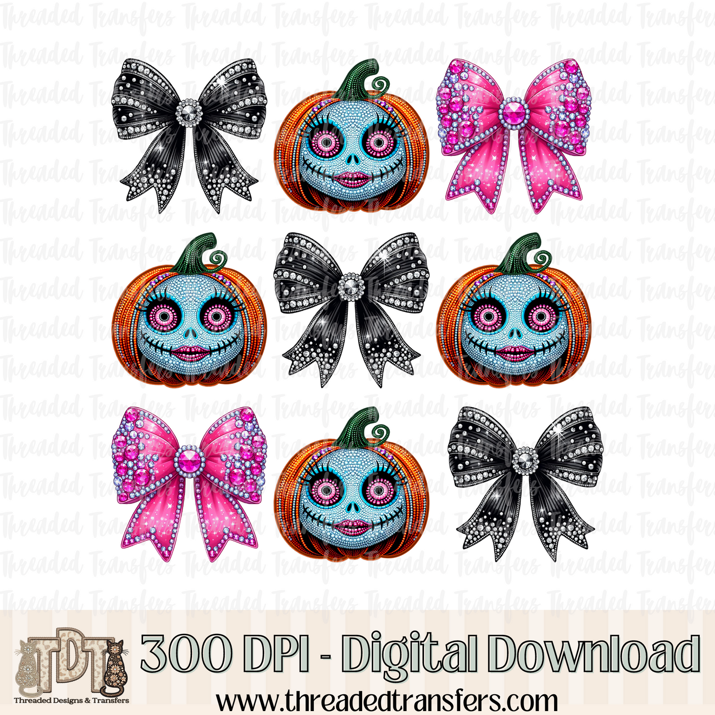 Nightmare Girl Pumpkin with Bows Faux Rhinestone & Faux Embroidery Digital Design Download (PNG Format - no product shipped)