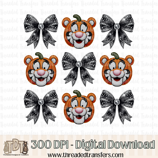 Pumpkin Tiger with Bows Faux Rhinestone & Faux Embroidery Digital Design Download (PNG Format - no product shipped)