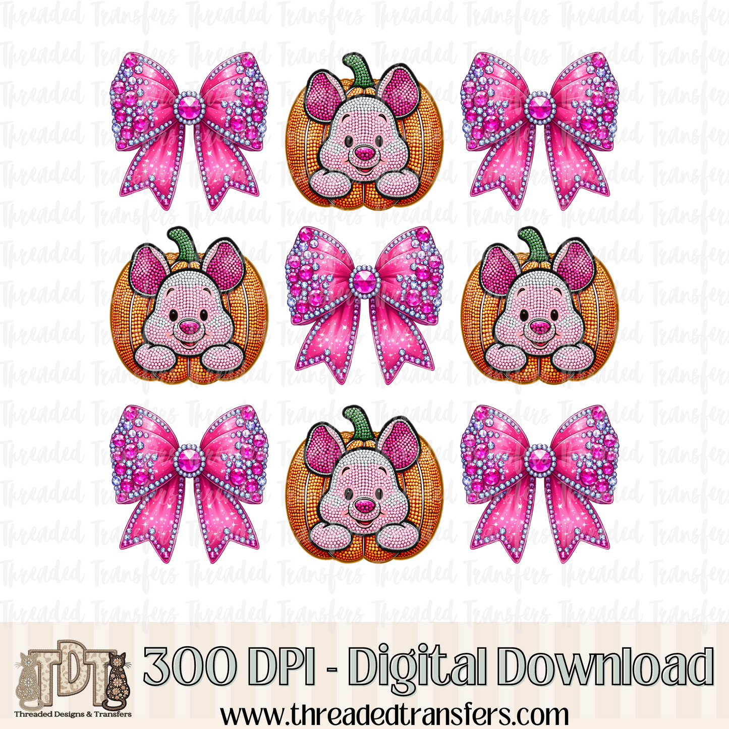 Pumpkin Pig with Bows Faux Rhinestone & Faux Embroidery Digital Design Download (PNG Format - no product shipped)