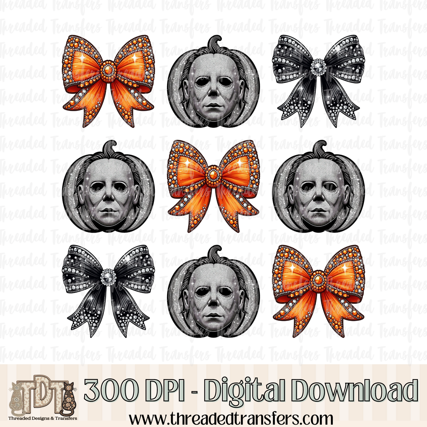 Stalker Pumpkin with Bows Faux Rhinestone & Faux Embroidery Digital Design Download (PNG Format - no product shipped)