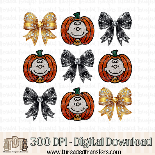 CB Pumpkin with Bows Faux Rhinestone & Faux Embroidery Digital Design Download (PNG Format - no product shipped)