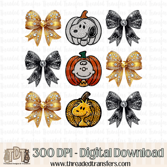 Pumpkin Dog Friends with Bows Faux Rhinestone & Faux Embroidery Digital Design Download (PNG Format - no product shipped)