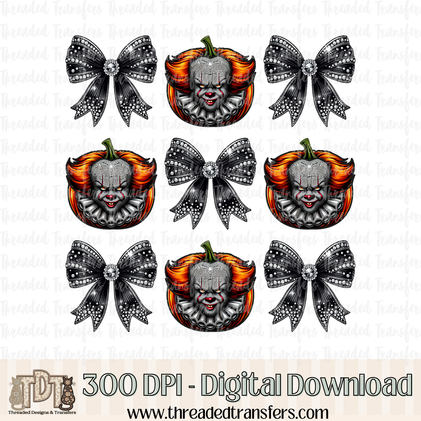 Clown Pumpkin with Bows Faux Rhinestone & Faux Embroidery Digital Design Download (PNG Format - no product shipped)