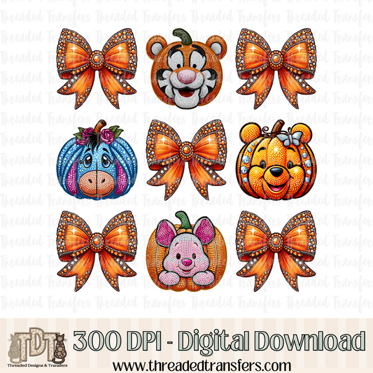 Acre Pumpkin Friends with Bows Faux Rhinestone & Faux Embroidery Digital Design Download (PNG Format - no product shipped)