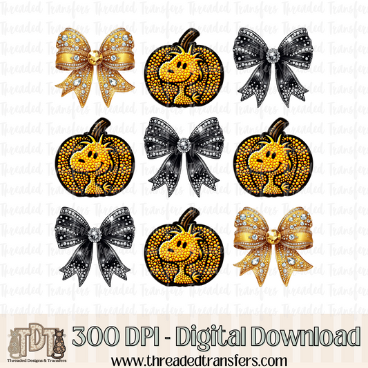 Pumpkin Bird with Bows Faux Rhinestone & Faux Embroidery Digital Design Download (PNG Format - no product shipped)