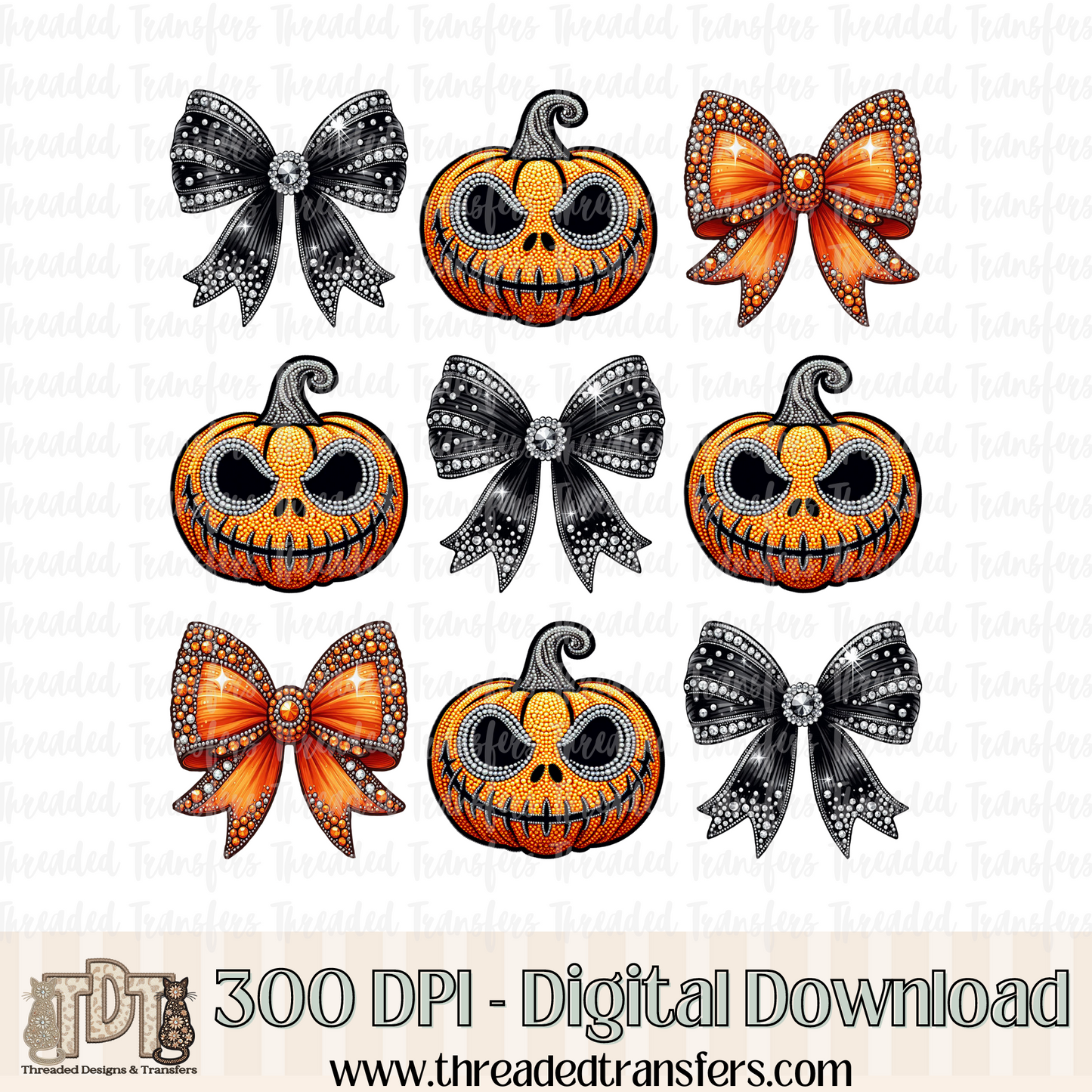 Nightmare Pumpkin with Bows Faux Rhinestone & Faux Embroidery Digital Design Download (PNG Format - no product shipped)