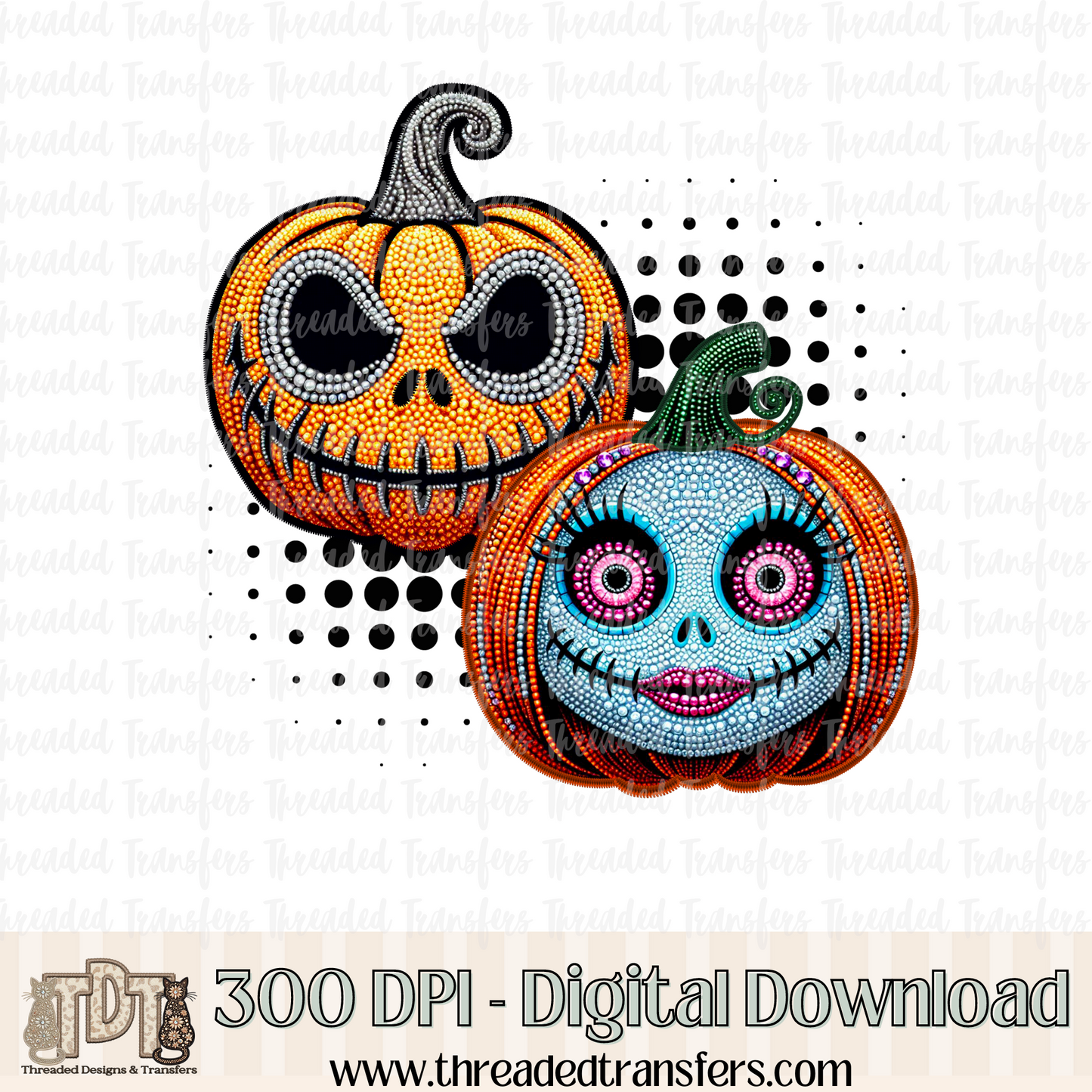 Nightmare Pumpkin Couple Faux Rhinestone & Faux Embroidery Digital Design Download (PNG Format - no product shipped)