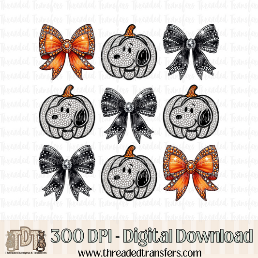 Pumpkin Dog Friend with Bows Faux Rhinestone & Faux Embroidery Digital Design Download (PNG Format - no product shipped)