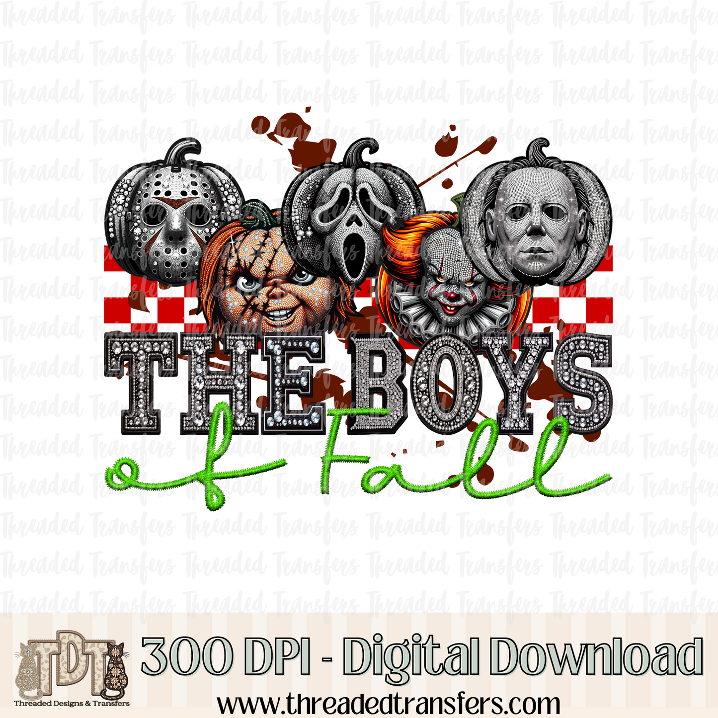 The Boys of Fall Pumpkins  Faux Rhinestone & Faux Embroidery Digital Design Download (PNG Format - no product shipped)