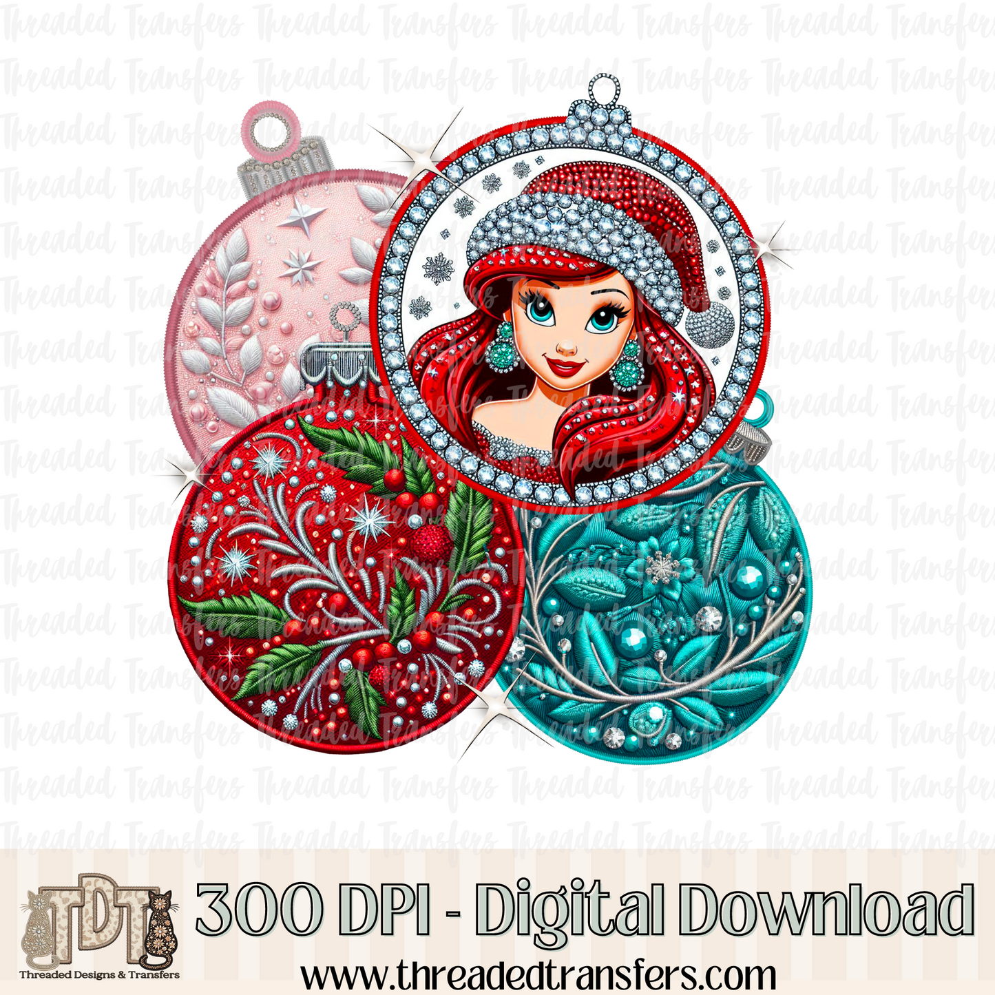 Mermaid Ornaments Faux Rhinestone & Faux Embroidery Digital Design Download (PNG Format - no product shipped)