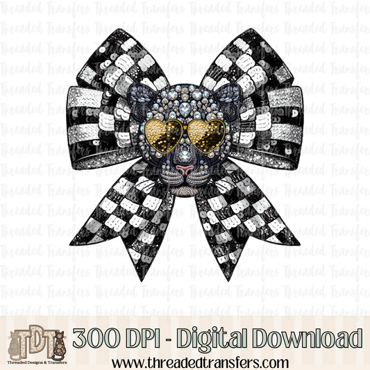 Panther Checker Coquette Bow Faux Sequin, Faux Rhinestone, & Faux Embroidery Digital Design Download (PNG Format - no product shipped)