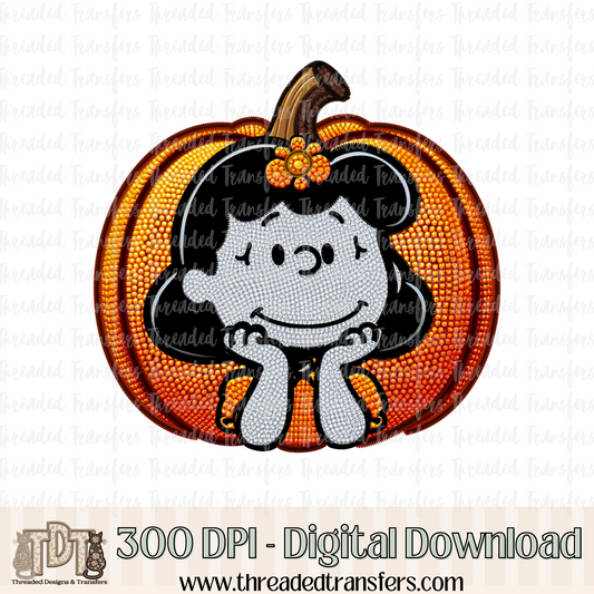 Pumpkin Lucy Faux Rhinestone & Faux Embroidery Digital Design Download (PNG Format - no product shipped)