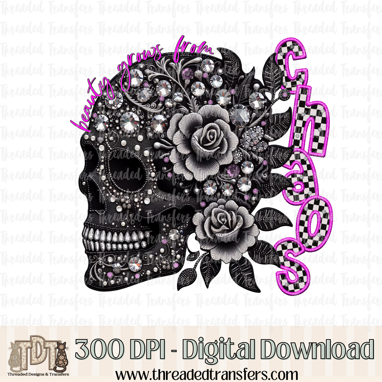 Chaos Skull Faux Rhinestone, Faux Embroidery, & Faux Knit Digital Design Download (PNG Format - no product shipped)