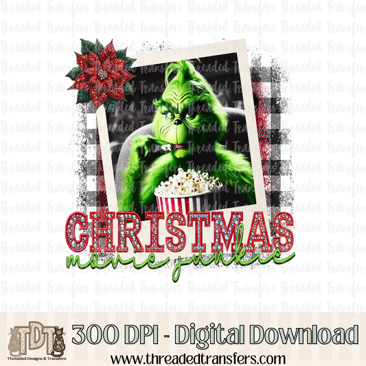 Christmas Movie Junkie Faux Rhinestone & Faux Embroidery Digital Design Download (PNG Format - no product shipped)