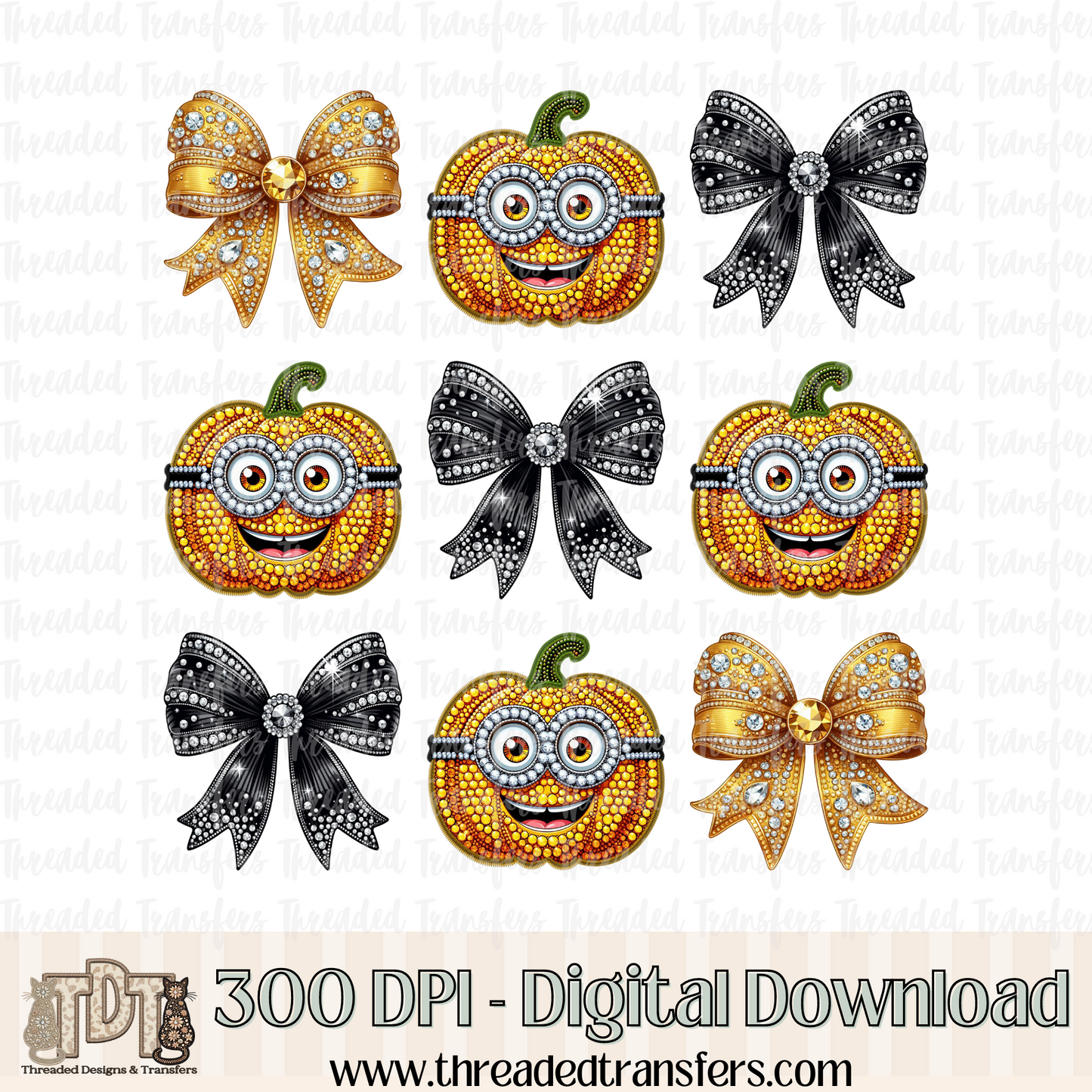 Banana Pumpkin with Bows Faux Rhinestone & Faux Embroidery Digital Design Download (PNG Format - no product shipped)