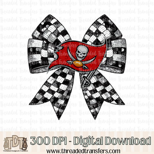 Tampa Bay Checker Coquette Bow Faux Sequin, Faux Rhinestone, & Faux Embroidery Digital Design Download (PNG Format - no product shipped)