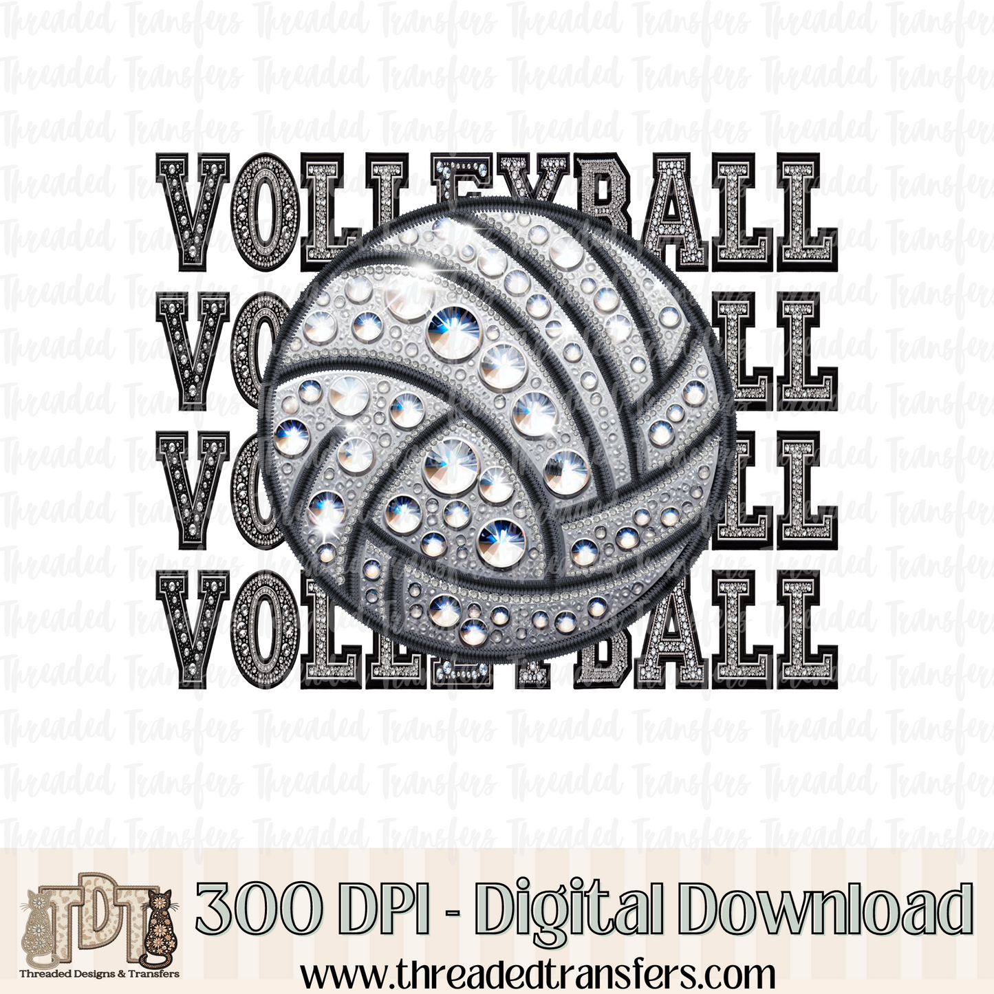 Volleyball Repeat Words Faux Rhinestone & Faux Embroidery Digital Design Download (PNG Format - no product shipped)