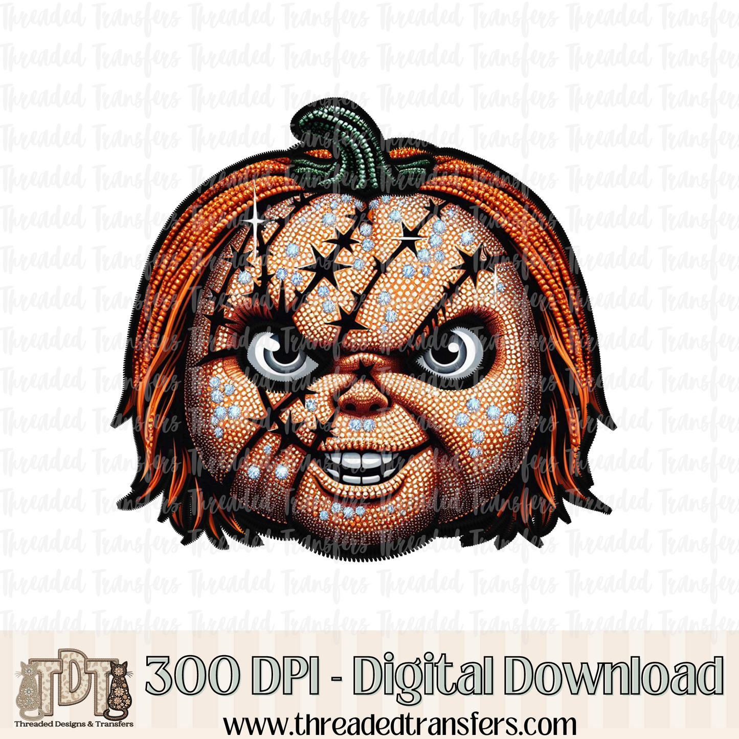 Doll Pumpkin Faux Rhinestone & Faux Embroidery Digital Design Download (PNG Format - no product shipped)