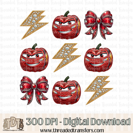 Vroom Pumpkin with Bows Faux Rhinestone & Faux Embroidery Digital Design Download (PNG Format - no product shipped)