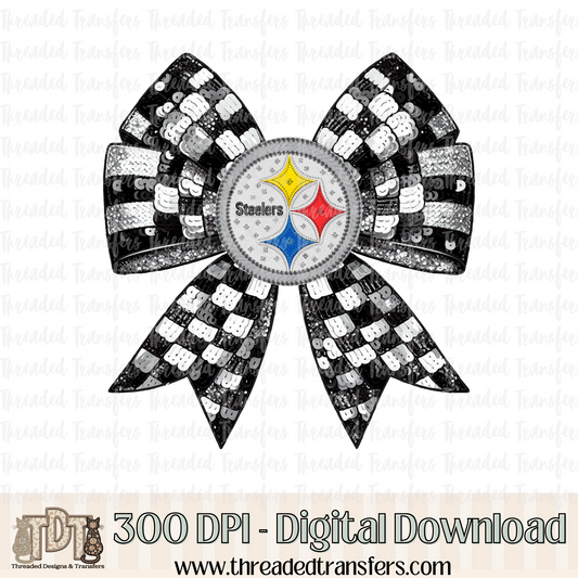 Pittsburgh Checker Coquette Bow Faux Sequin, Faux Rhinestone, & Faux Embroidery Digital Design Download (PNG Format - no product shipped)