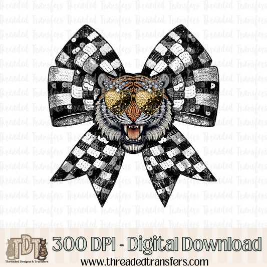 Tiger Checker Coquette Bow Faux Sequin, Faux Rhinestone, & Faux Embroidery Digital Design Download (PNG Format - no product shipped)