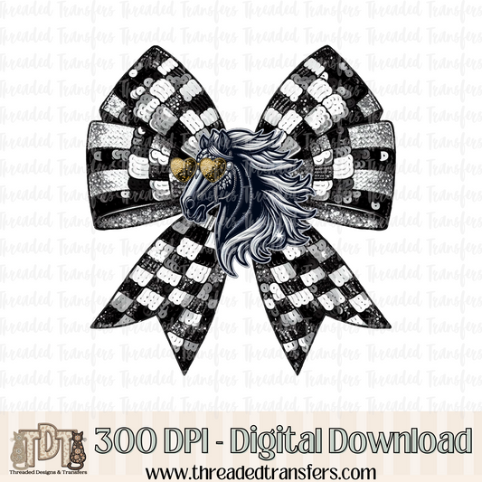 Mustang / Colt Checker Coquette Bow Faux Sequin, Faux Rhinestone, & Faux Embroidery Digital Design Download (PNG Format - no product shipped)