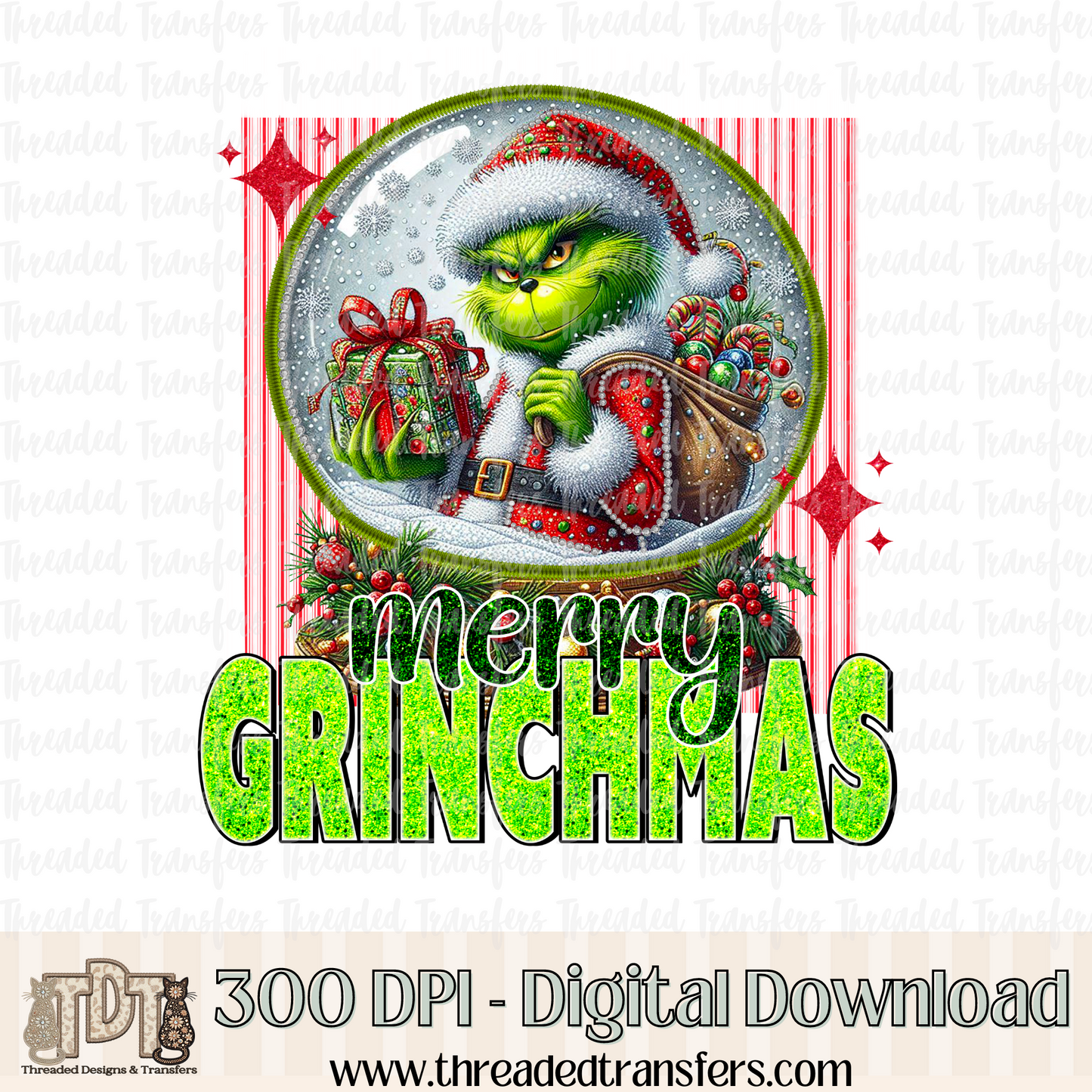 Merry Greenmas Snow Globe Faux Rhinestone & Faux Embroidery Digital Design Download (PNG Format - no product shipped)