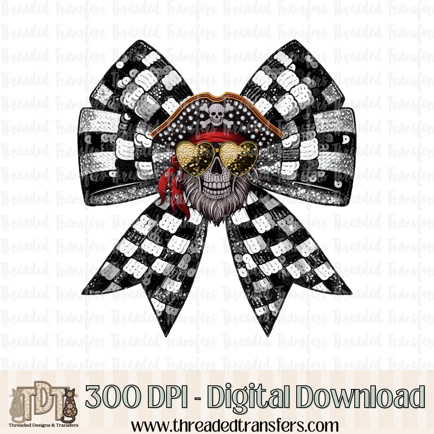 Pirate Checker Coquette Bow Faux Sequin, Faux Rhinestone, & Faux Embroidery Digital Design Download (PNG Format - no product shipped)