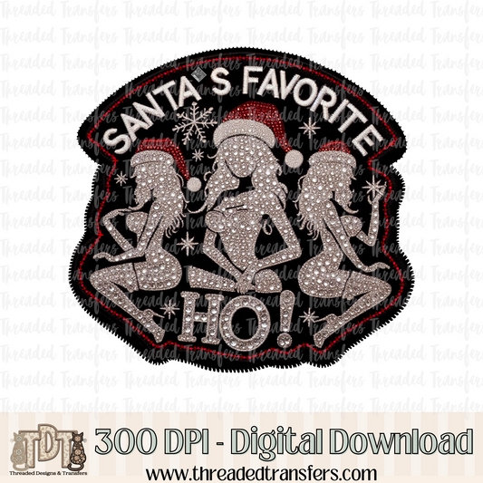 Santa's Favorite Ho Faux Rhinestone & Faux Embroidery Digital Design Download (PNG Format - no product shipped)