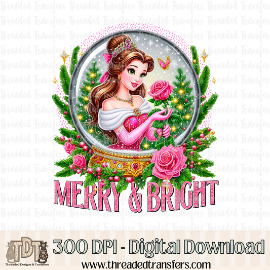 Merry and Bright Snow Globe Faux Rhinestone & Faux Embroidery Digital Design Download (PNG Format - no product shipped)