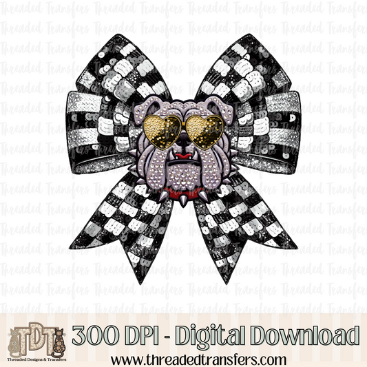 Bulldog Checker Coquette Bow Faux Sequin, Faux Rhinestone, & Faux Embroidery Digital Design Download (PNG Format - no product shipped)