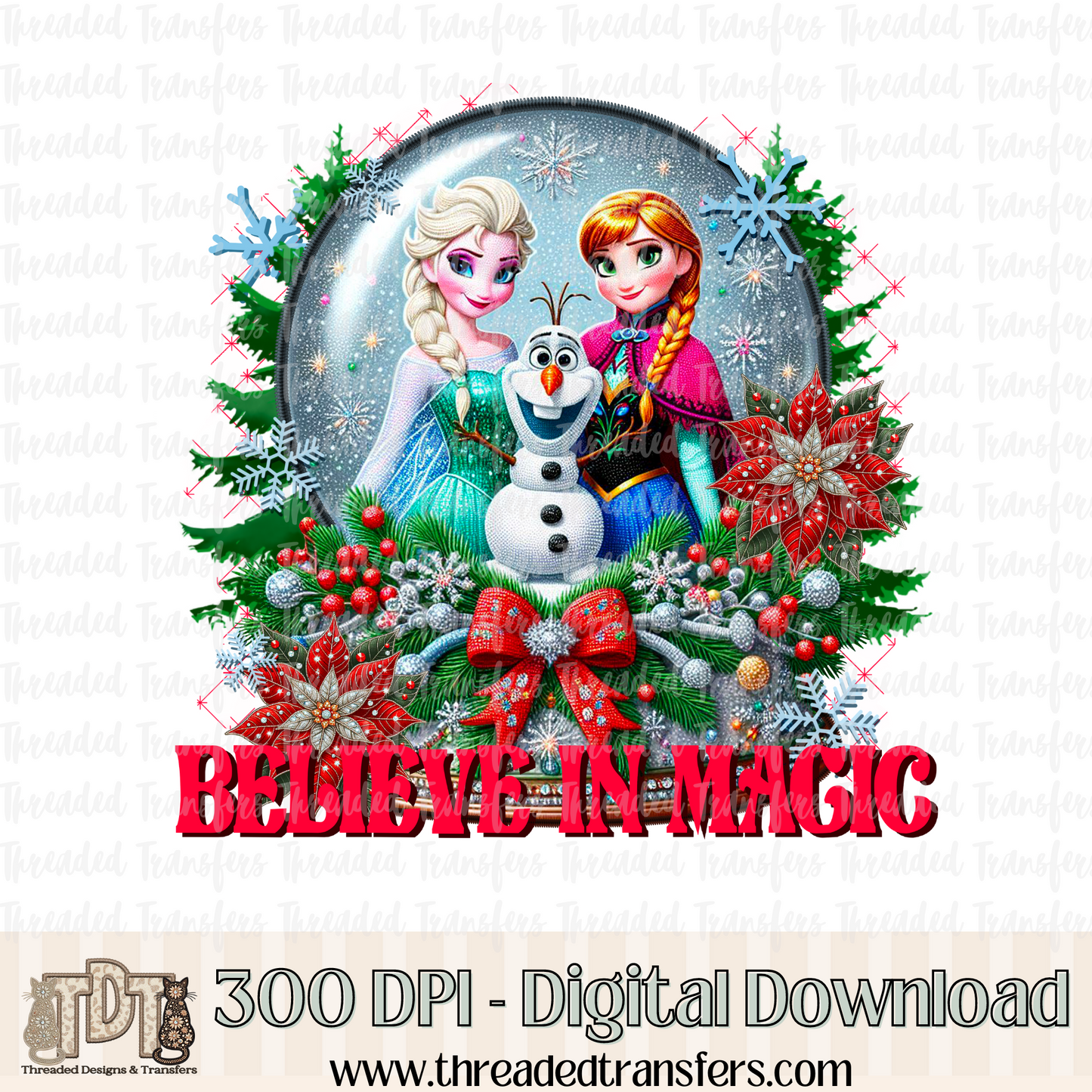 Believe in Magic Snow Globe Faux Rhinestone & Faux Embroidery Digital Design Download (PNG Format - no product shipped)