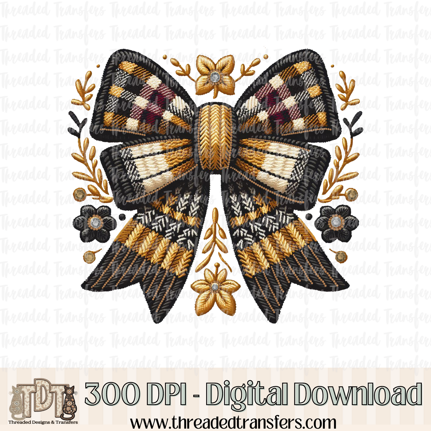 Fall Plaid Sweater Coquette Bow Faux Knit, Faux Rhinestone & Faux Embroidery Digital Design Download (PNG Format - no product shipped)