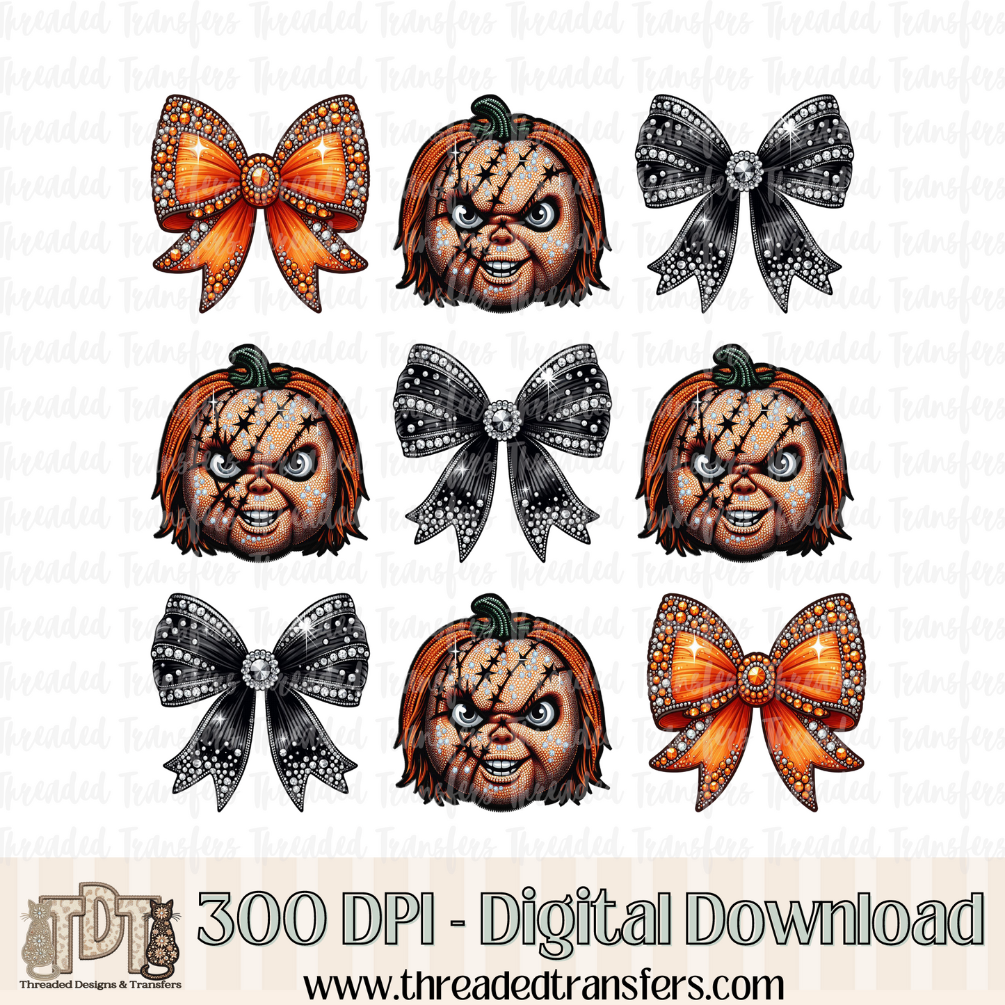 Doll Pumpkin with Bows Faux Rhinestone & Faux Embroidery Digital Design Download (PNG Format - no product shipped)