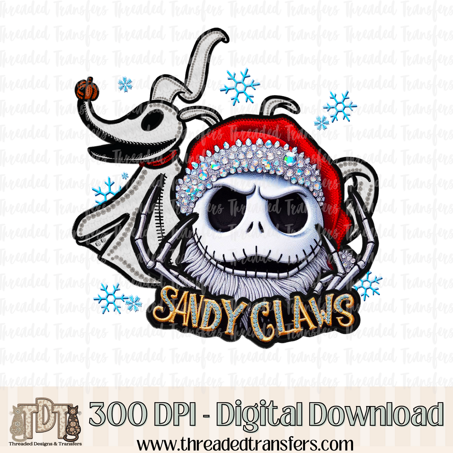 Sandy Claws Faux Rhinestone & Faux Embroidery Digital Design Download (PNG Format - no product shipped)