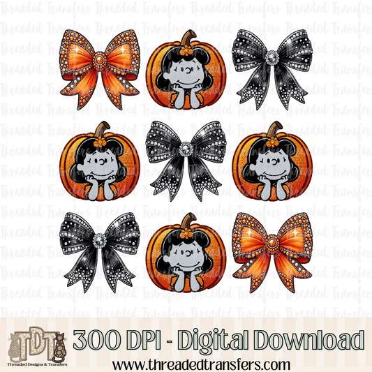 Pumpkin Lucy with Bows Faux Rhinestone & Faux Embroidery Digital Design Download (PNG Format - no product shipped)