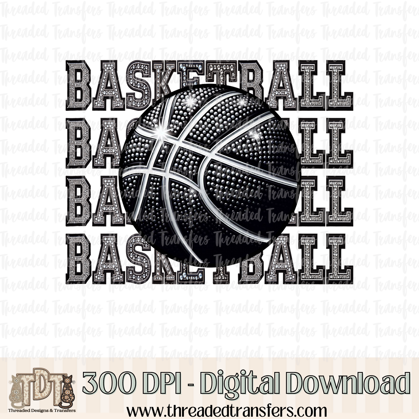 Basketball Repeat Words Faux Rhinestone & Faux Embroidery Digital Design Download (PNG Format - no product shipped)