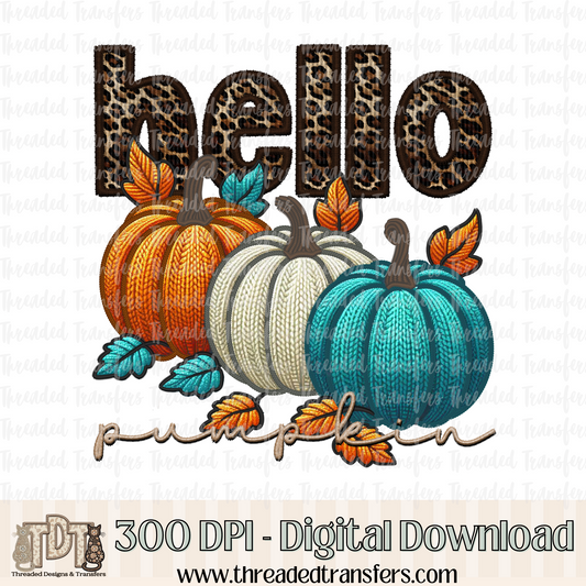 Hello Pumpkin Faux Knit & Faux Embroidery Digital Design Download (PNG Format - no product shipped)