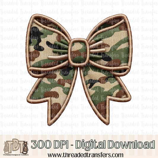 Camouflage Coquette Bow Faux Embroidery Digital Design Download (PNG Format - no product shipped)