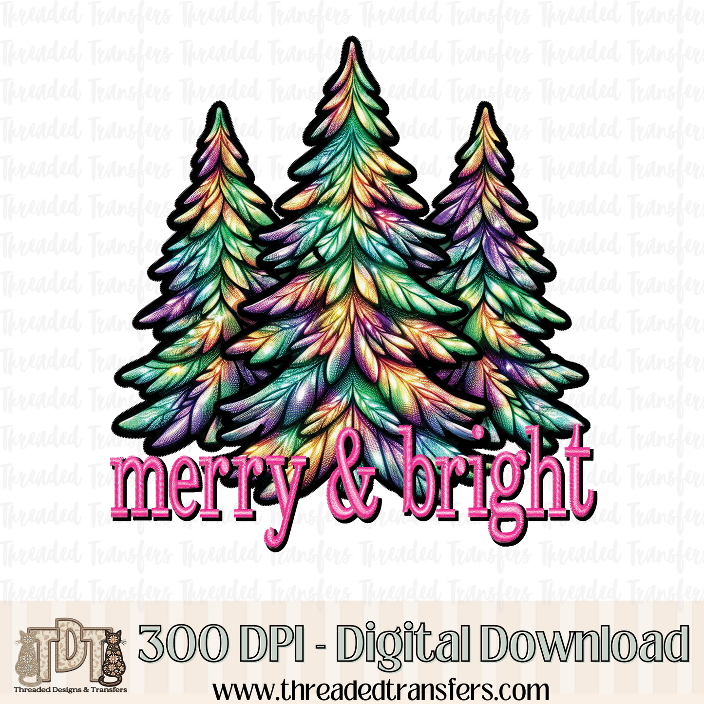 Merry and Bright Trees Faux Embroidery Digital Design Download (PNG Format - no product shipped)