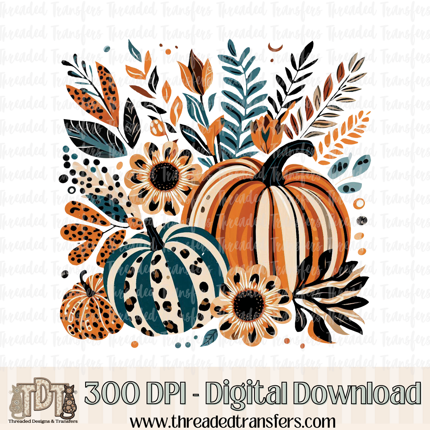 Painted Pumpkins Leopard Floral Digital Design Download (PNG Format - no product shipped)