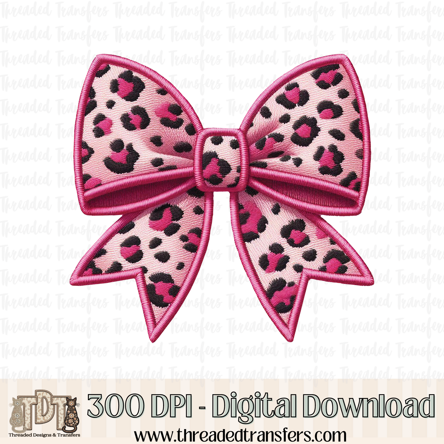 Pink Leopard Coquette Bow Faux Embroidery Digital Design Download (PNG Format - no product shipped)