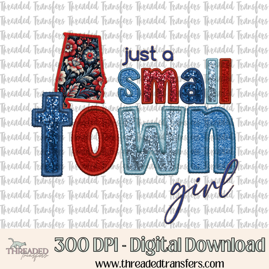 Alabama Small Town Faux Embroidery & Faux Sparkles Digital Design Download (PNG Format - no product shipped)