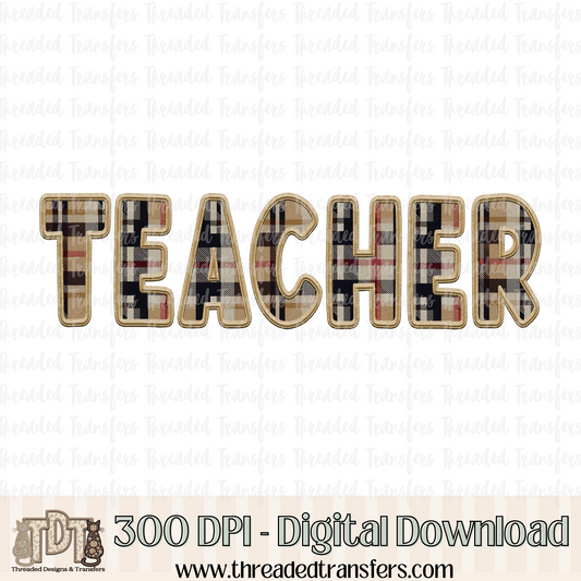 Teacher Fall Plaid Faux Embroidery Digital Design Download (PNG Format - no product shipped)