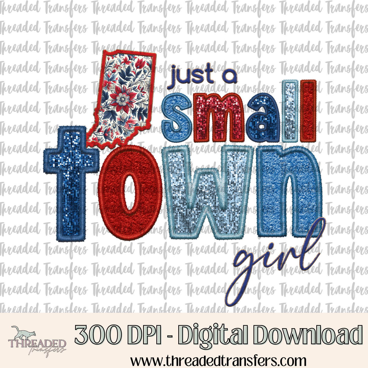 Indiana Small Town Faux Embroidery & Faux Sparkles Digital Design Download (PNG Format - no product shipped)